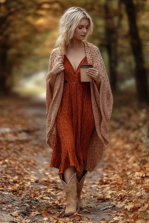 Full-body image of a woman in beige cowboy boots, a flowy midi dress in rust tones, and a chunky knit cardigan draped over her shoulders