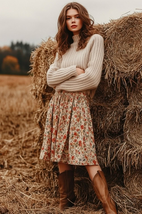 Full-body image of a woman in beige cowboy boots, a midi skirt with autumn floral patterns, and a warm wool sweater (2)