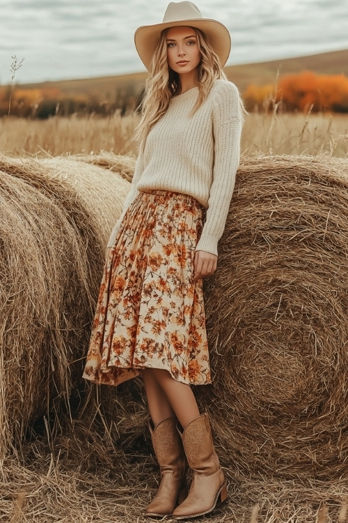 Full-body image of a woman in beige cowboy boots, a midi skirt with autumn floral patterns, and a warm wool sweater