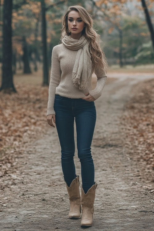 Full-body image of a woman in beige cowboy boots, dark blue bootcut jeans, and a fitted beige sweater with a scarf (2)