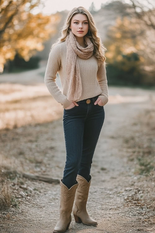 Full-body image of a woman in beige cowboy boots, dark blue bootcut jeans, and a fitted beige sweater with a scarf