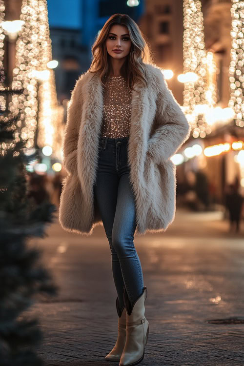 Full-body image of a woman in beige cowboy boots, dark wash jeans, and a fitted top with shimmery sequins, layered with a faux fur coat (2)