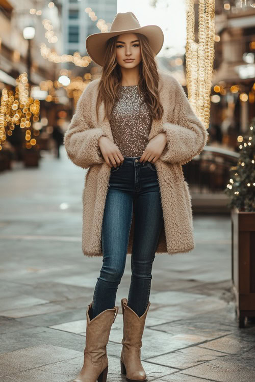 Full-body image of a woman in beige cowboy boots, dark wash jeans, and a fitted top with shimmery sequins, layered with a faux fur coat