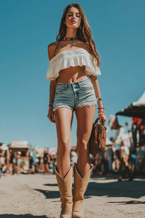 Full-body image of a woman in beige cowboy boots, distressed denim shorts, and a white crop top with off-the-shoulder sleeves