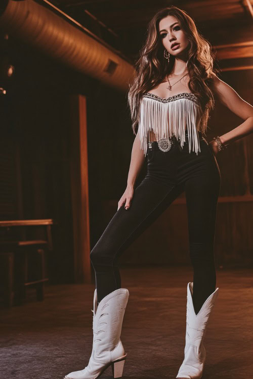 Full-body shot of a woman in a trendy fringed top, fitted black jeans, and white cowboy boots, posing in a concert setting with simple