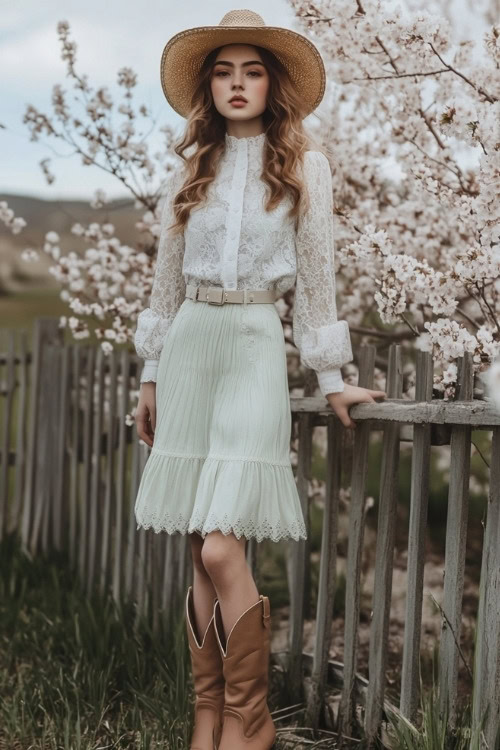 Full-body shot of a woman in beige cowboy boots, a light green high-waisted midi skirt, and a white lace blouse with puffed sleeves