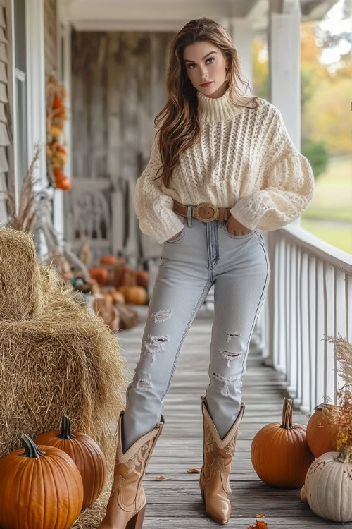 Full-body shot of a woman in beige cowboy boots, distressed denim jeans, and a cream-colored oversized sweater with a belt at the waist