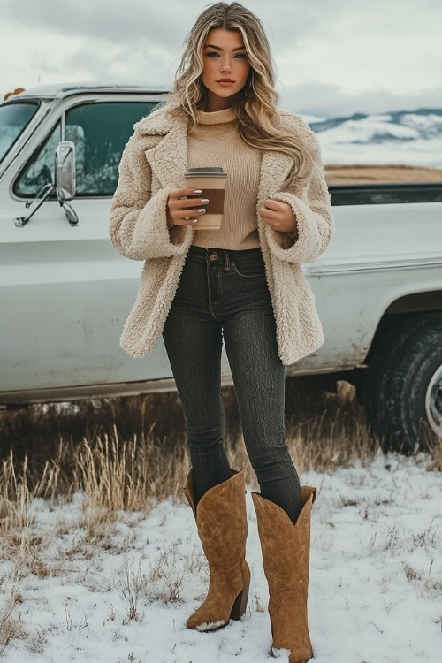 Full-body shot of a woman in beige cowboy boots, high-waisted dark jeans, and a cozy beige pullover under a shearling jacket