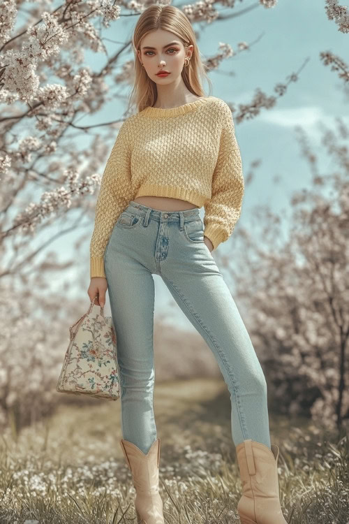 Full-body shot of a woman in beige cowboy boots, light blue skinny jeans, and a cropped yellow sweater with a small floral pattern