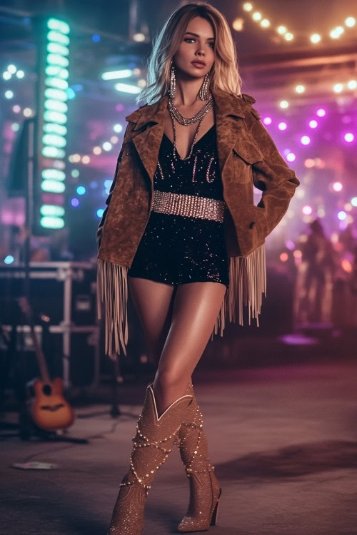 Full-body shot of a woman wearing beige cowboy boots with a black mini dress adorned with sequins, styled with a fringe suede jacket and a silver-studded belt (2)