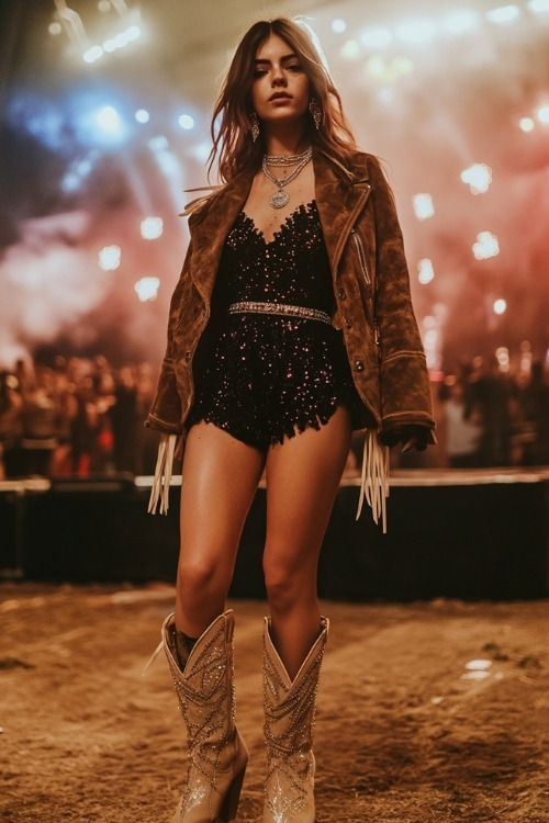 Full-body shot of a woman wearing beige cowboy boots with a black mini dress adorned with sequins, styled with a fringe suede jacket and a silver-studded belt