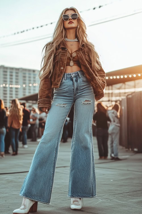 Full-body view of a woman in wide-leg jeans, a cropped jacket, and white cowboy boots, posing with friends at an outdoor concert venue as people gather in the background