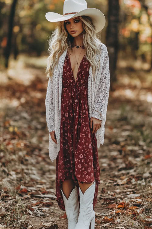 She pairs the cowboy boots with a flowy, boho-style dress in warm autumn tones deep burgundy, layered with a cozy, oversized cardigan