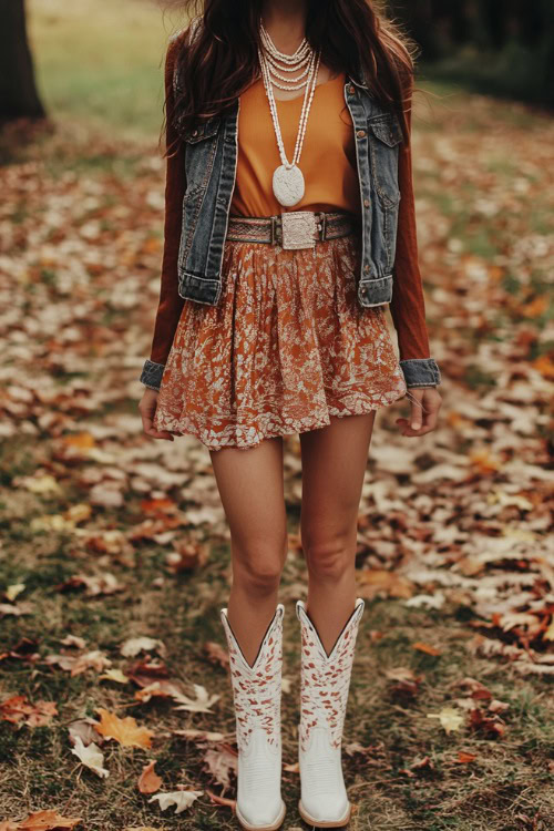 She wears a cozy yet chic ensemble, pairing the boots with a short, layered skirt in earthy tones, complemented by a fitted, long-sleeve top