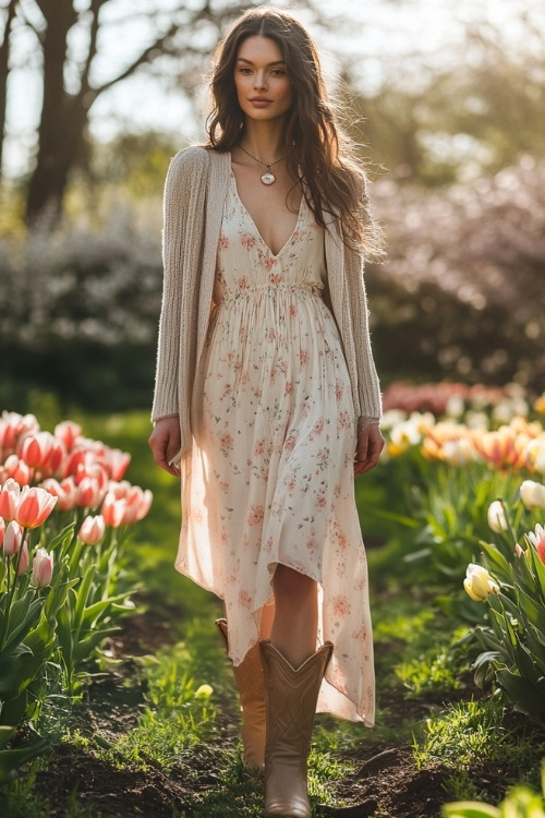 Stylish woman in beige cowboy boots and a flowing maxi dress with soft pastel floral patterns, accessorized with a light cardigan and a delicate necklace