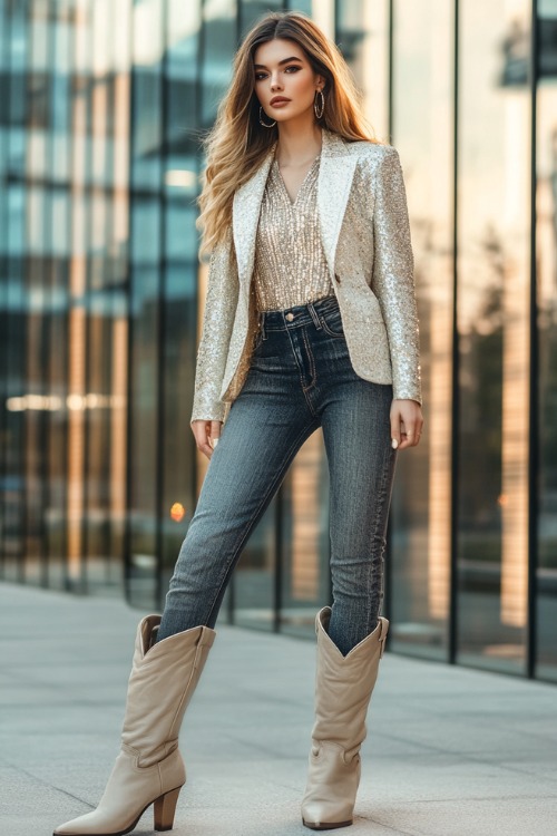 Stylish woman in beige cowboy boots, high-waisted dark denim jeans, and a sequined top in silver, layered with a fitted blazer (2)