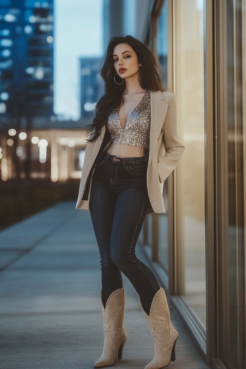 Stylish woman in beige cowboy boots, high-waisted dark denim jeans, and a sequined top in silver, layered with a fitted blazer