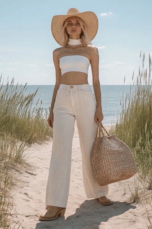 Stylish woman in beige cowboy boots, wide-leg linen pants in a soft pastel color, and a white halter top, accessorized with a straw bag