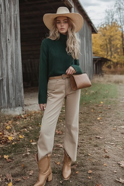 Stylish woman in beige cowboy boots, wide-leg tan trousers, and a dark green knit sweater tucked in at the waist