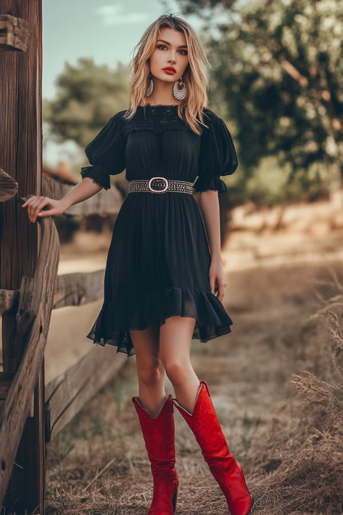 Trendy Western-inspired outfit featuring red cowboy boots, a black flowy midi dress with puff sleeves, and a silver-studded belt.