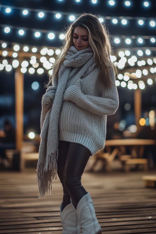 Woman dressed in a casual sweater and scarf, white cowboy boots, and leather leggings, enjoying an outdoor winter concert with stage lights illuminating the cold night