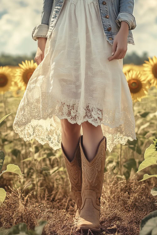 Woman in beige cowboy boots, a breezy white sundress with lace detailing, and a light denim jacket draped over her shoulders