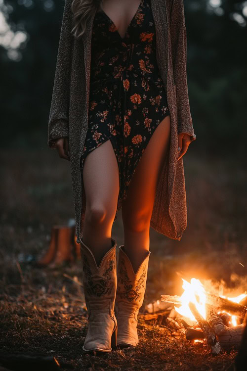 Woman in beige cowboy boots, a dark floral wrap dress with a high slit, and a long cardigan layered over