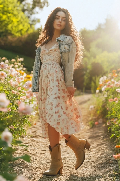 Woman in beige cowboy boots, a flowy cream-colored dress with a floral print, and a denim jacket draped over her shoulders