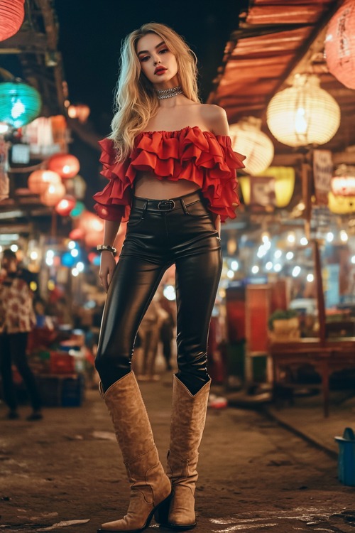 Woman in beige cowboy boots, black leather pants, and a bold red blouse with ruffled sleeves, accessorized with a choker necklace