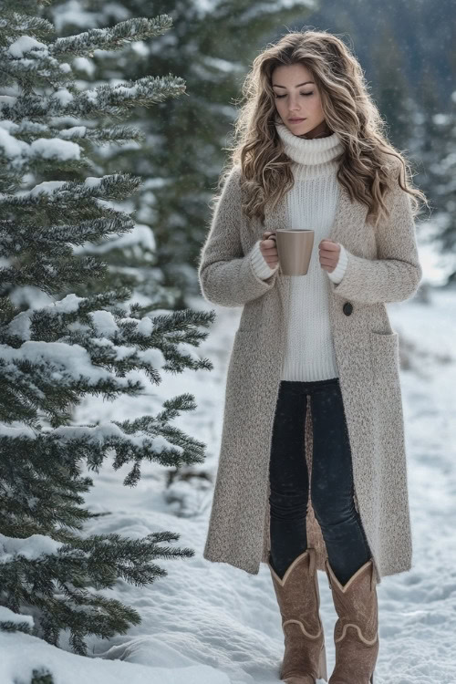 Woman in beige cowboy boots, black skinny jeans, and a thick cream-colored turtleneck sweater, layered with a long wool coat