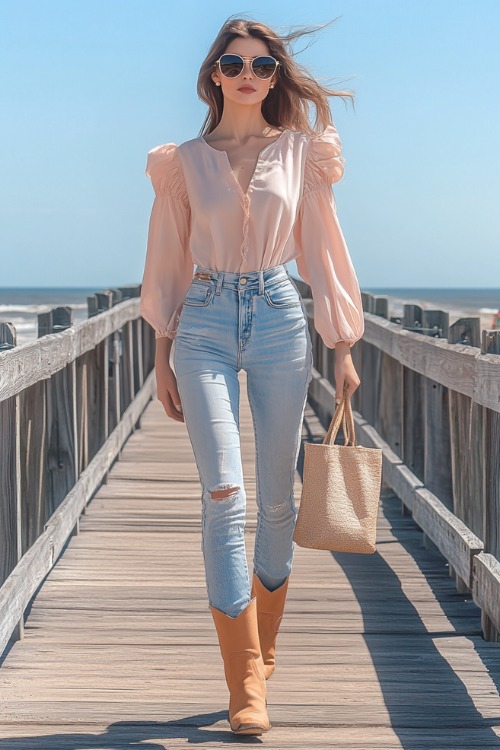 Woman in beige cowboy boots, cuffed boyfriend jeans, and a light pink blouse with puff sleeves, accessorized with sunglasses and a tote bag