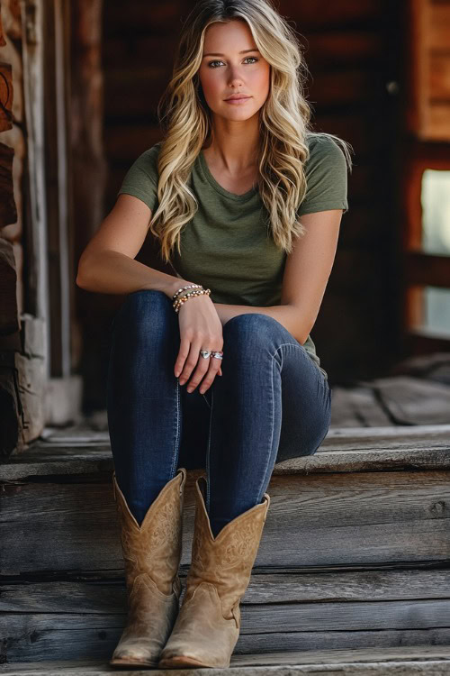 Woman in beige cowboy boots, dark blue straight-leg jeans, and a relaxed-fit olive green t-shirt, accessorized with a thin leather belt and bracelets