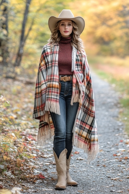 Woman in beige cowboy boots, dark denim, and a cozy plaid poncho over a turtleneck, accessorized with a leather belt and a fedora (2)