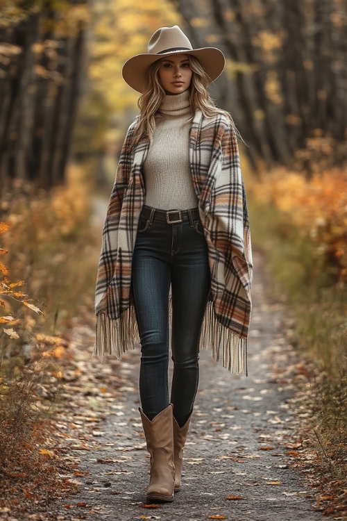 Woman in beige cowboy boots, dark denim, and a cozy plaid poncho over a turtleneck, accessorized with a leather belt and a fedora