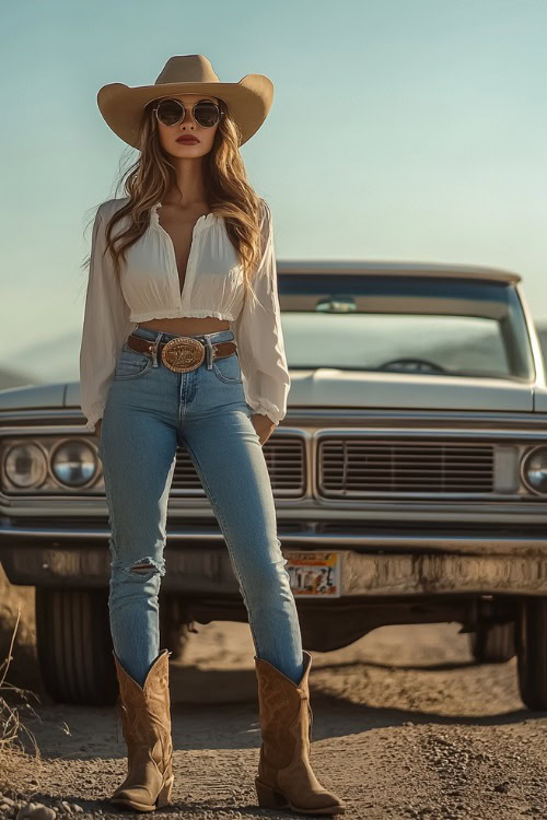 Woman in beige cowboy boots, high-waisted flared blue jeans, and a tucked-in white blouse with rolled-up sleeves, accessorized with a statement belt and a fedora