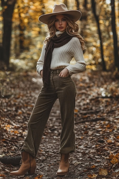 Woman in beige cowboy boots, high-waisted olive green corduroy pants, and a cozy cream turtleneck sweater. She’s wearing a wide-brimmed felt hat and a scarf