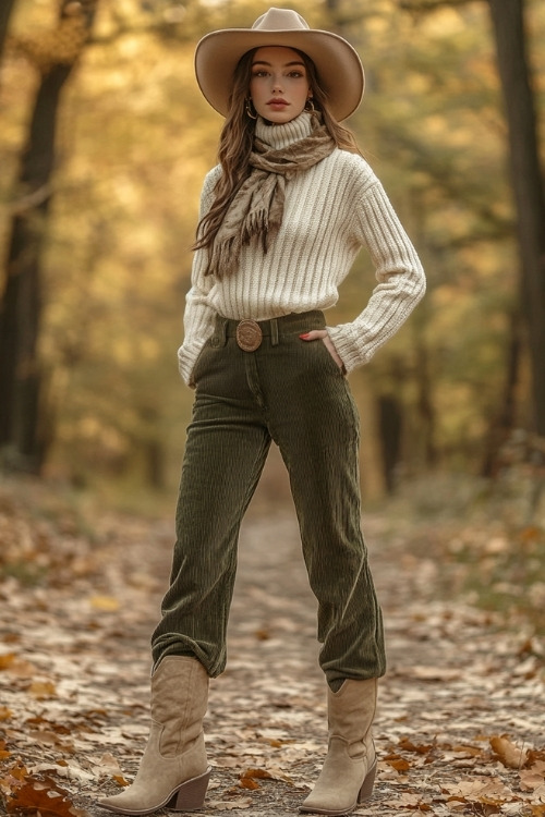 Woman in beige cowboy boots, high-waisted olive green corduroy pants, and a cozy cream turtleneck sweater