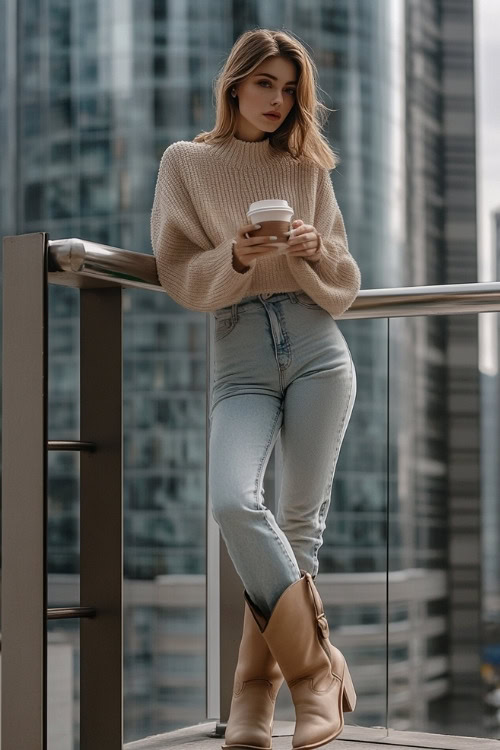 Woman in beige cowboy boots, light wash boyfriend jeans, and an oversized sweater in a muted pastel shade. She’s holding a coffee cup