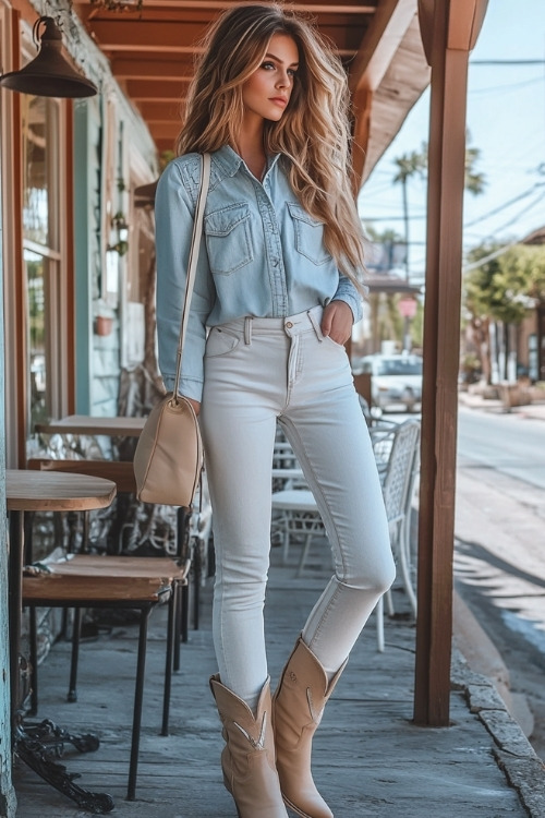 Woman in beige cowboy boots, white skinny jeans, and a light blue chambray shirt with rolled sleeves