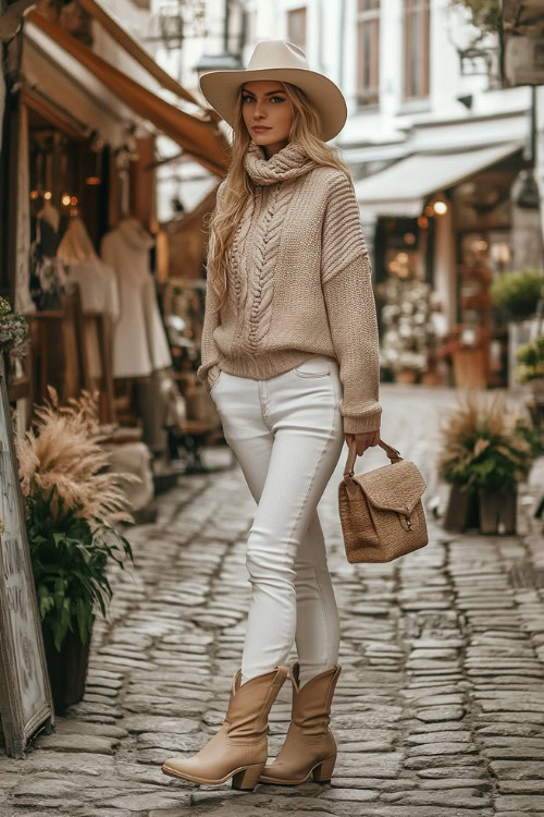 Woman in beige cowboy boots, white skinny jeans, and a lightweight beige sweater, accessorized with a crossbody bag