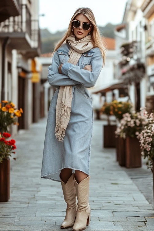 Woman styled in beige cowboy boots, a light wash denim dress with a relaxed fit, accessorized with a scarf tied around her neck and sunglasses