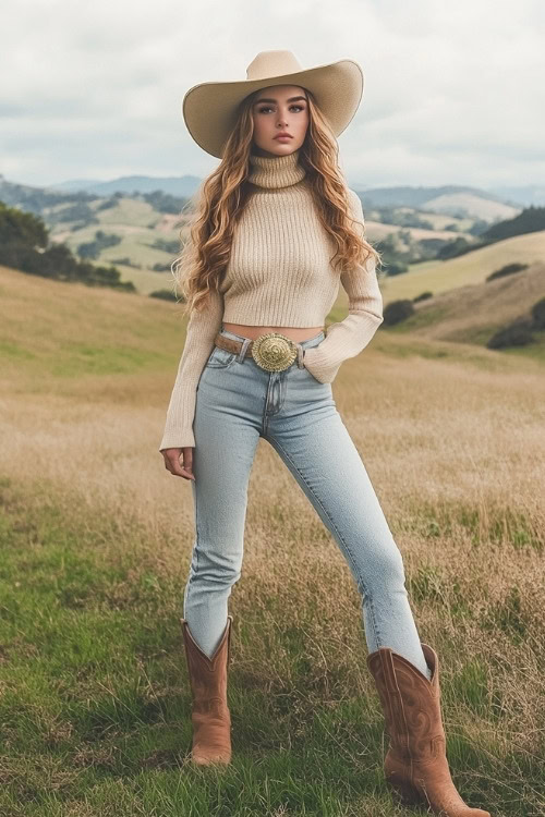 Woman styled in beige cowboy boots, cropped flare jeans, and a fitted cream turtleneck sweater (2)