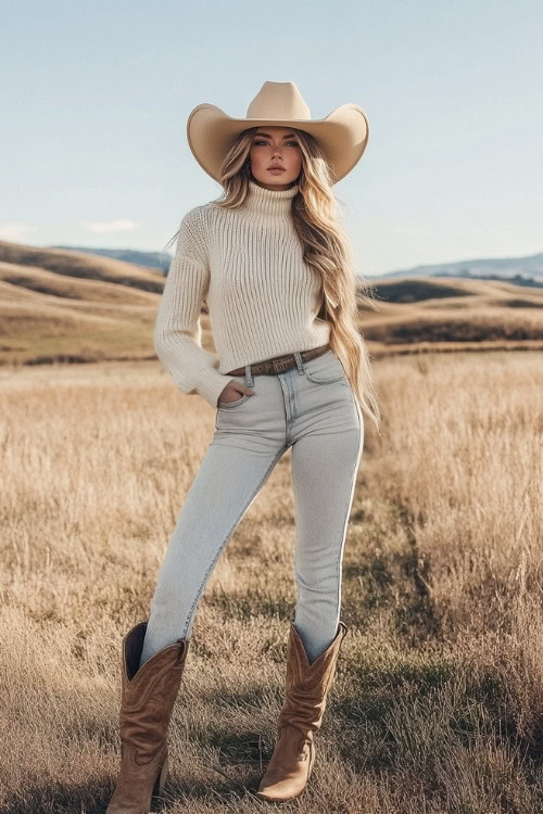 Woman styled in beige cowboy boots, cropped flare jeans, and a fitted cream turtleneck sweater