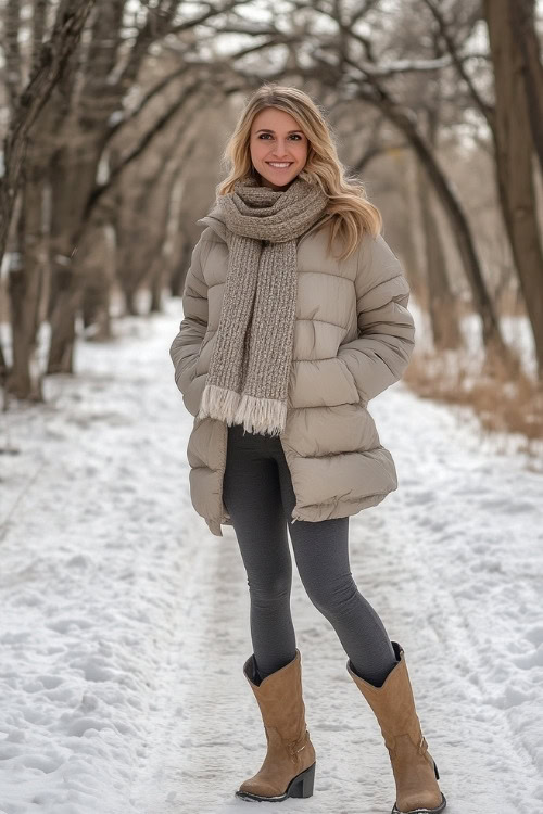 Woman styled in beige cowboy boots, dark gray leggings, and an oversized beige puffer jacket with a knit scarf and gloves