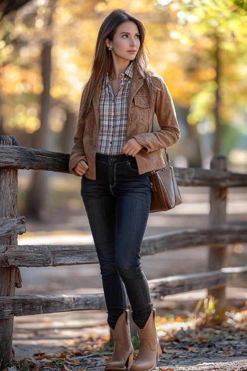 Woman styled in beige cowboy boots, dark skinny jeans, and a plaid flannel shirt layered under a brown suede jacket