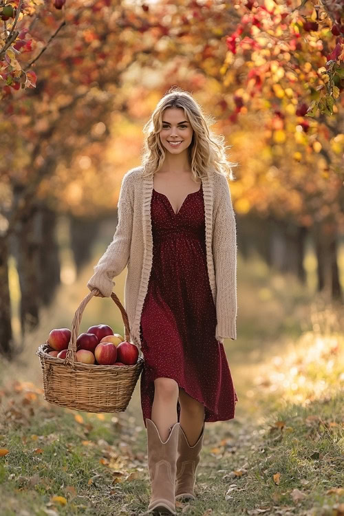 Woman wearing beige cowboy boots, a knee-length burgundy dress, and a long beige cardigan