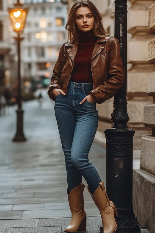 Woman wearing beige cowboy boots, straight-leg blue jeans, and a dark red turtleneck sweater with a leather jacket layered over