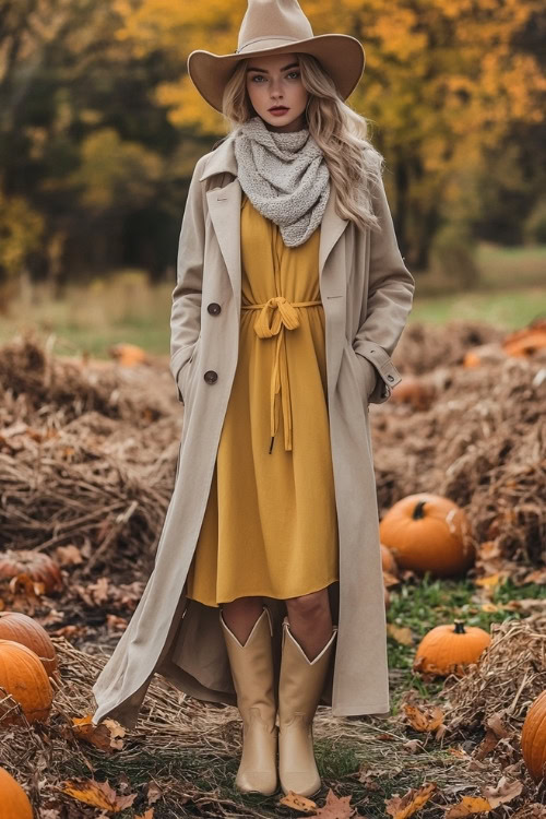 Woman wearing beige cowboy boots with a mustard yellow dress layered with a long, camel-colored trench coat, accessorized with a knit scarf and hat