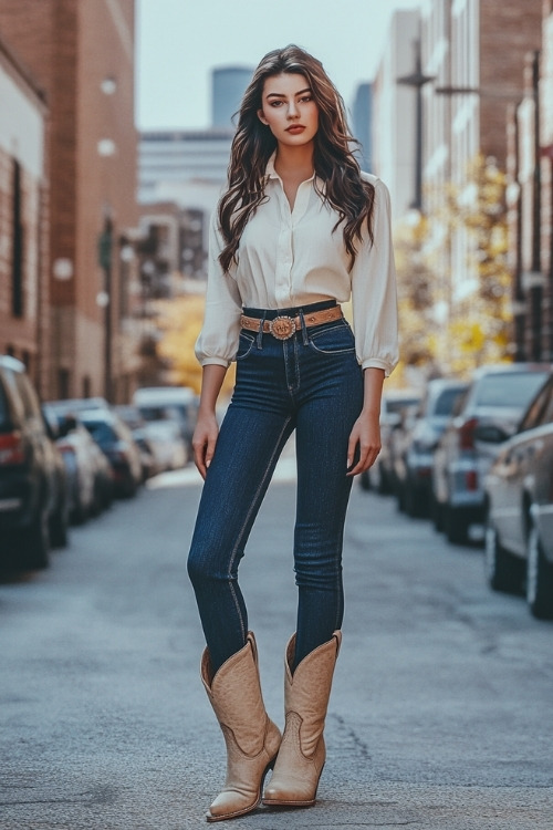 Woman wearing beige cowboy boots with dark blue high-waisted skinny jeans, paired with a tucked-in white blouse and a light brown leather belt