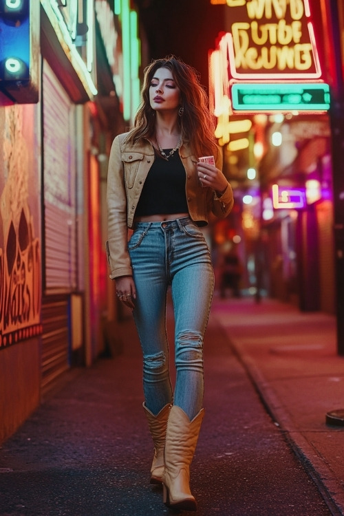 Woman wearing beige cowboy boots with high-waisted, vintage-wash jeans and a cropped leather jacket over a black band tee, styled with a small crossbody bag (2)